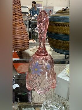 Vtg Fenton Rose Pink Draped Glass Bell Ribbon & Bows Hand Painted 6 1/2" Signed